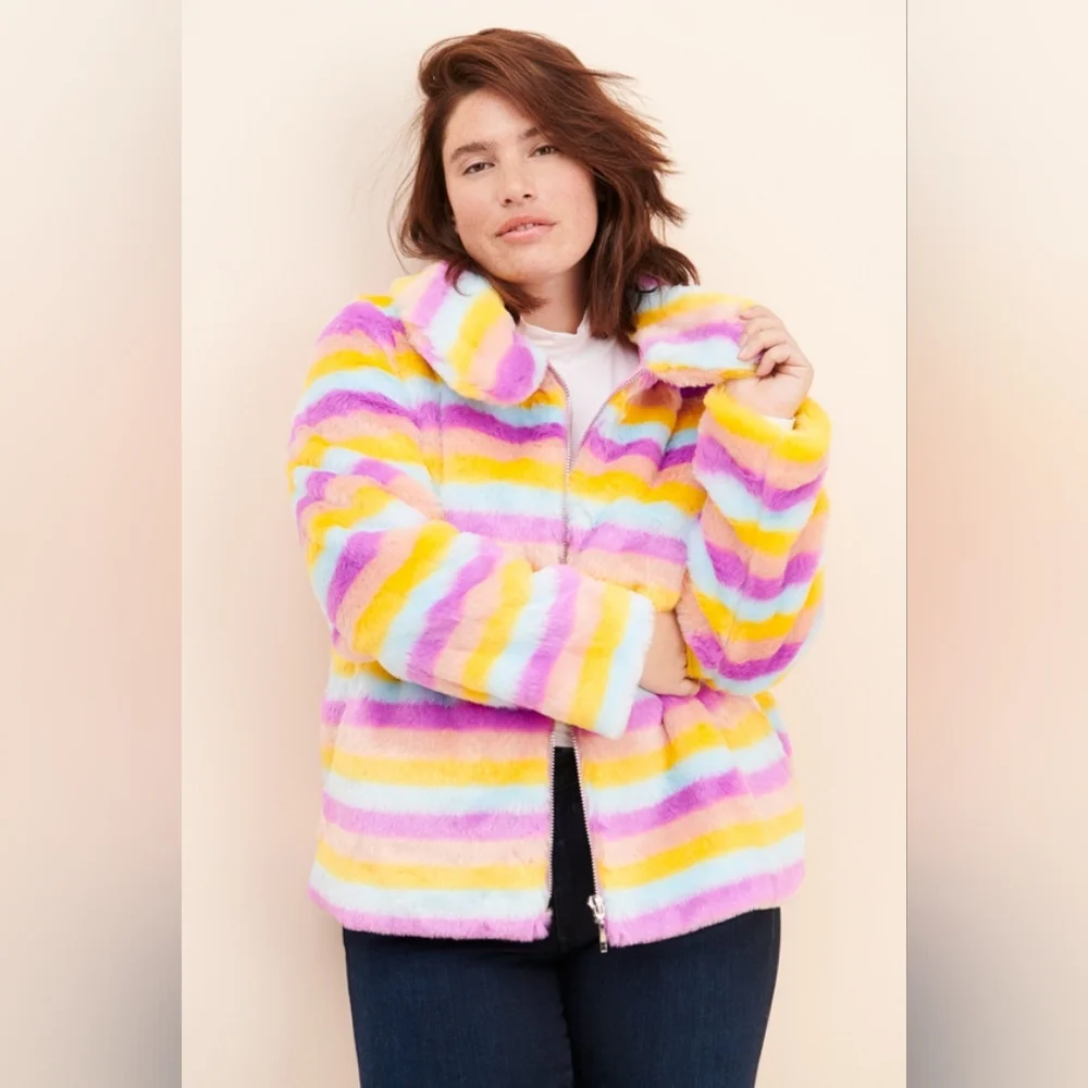 Daisy Street Rainbow stripe faux fur jacket NWT